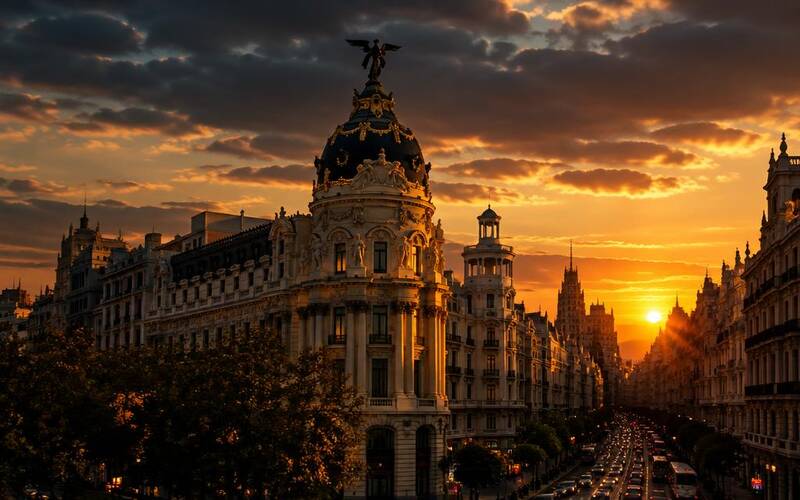 Edificio Metrópolis en la Gran Vía de Madrid al atardecer